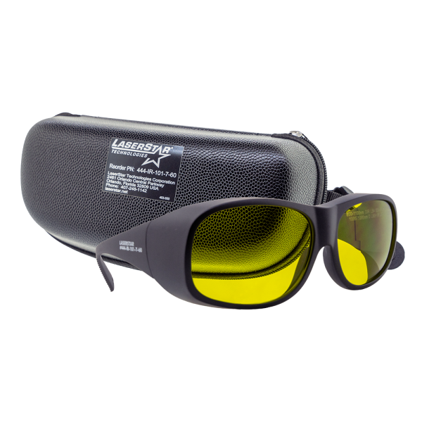 A pair of yellow tinted glasses resting in front of a leather glasses case.