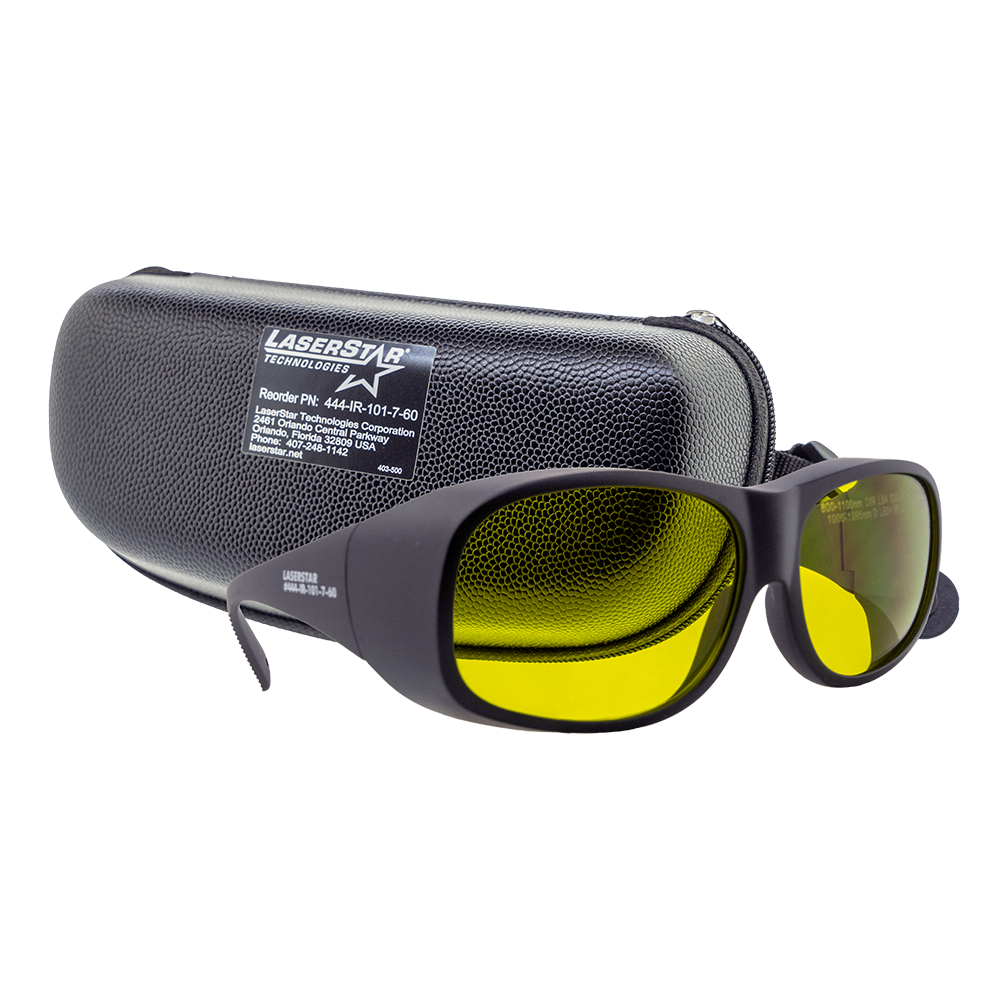 A pair of yellow tinted glasses resting in front of a leather glasses case.