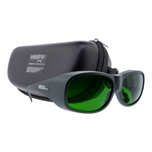 Home Page - JEG 13 A pair of green tinted glasses resting in front of a leather glasses case.