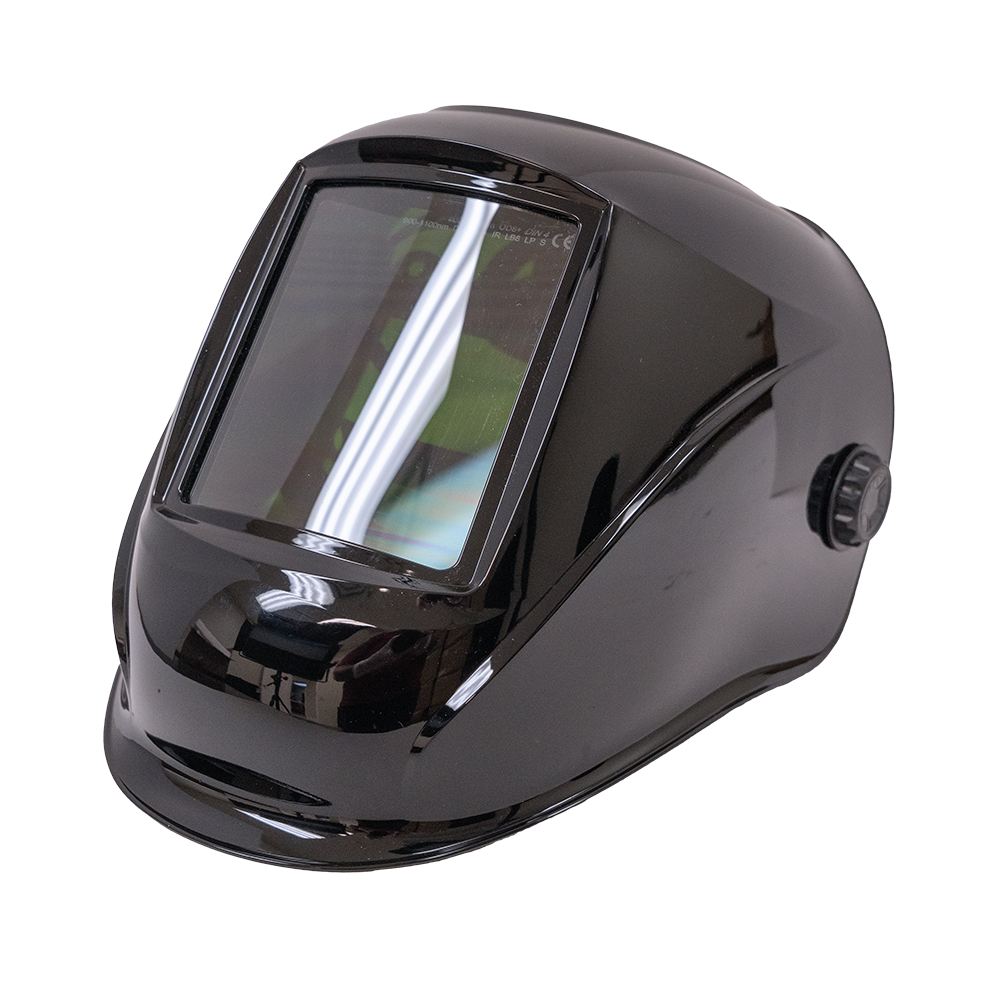 A full face welding helmet resting at a 3/4ths angle facing towards the left of the screen.