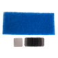 665-101 - Air Filter Kit (990 iWeld Benchtop 40J_60J). One large blue mesh filter, one small stainless steel filter, and 5 black mesh filters.