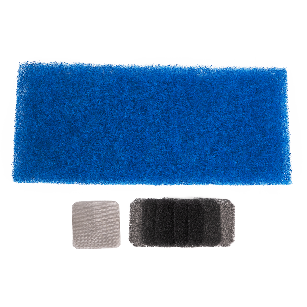 665-101 - Air Filter Kit (990 iWeld Benchtop 40J_60J). One large blue mesh filter, one small stainless steel filter, and 5 black mesh filters.