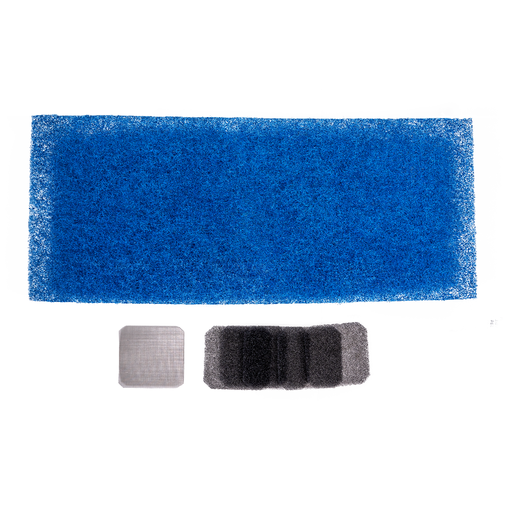675-101 - Air Filter Kit (990 iWeld Benchtop 80J_100J) One large blue mesh filter, one small stainless steel filter, and 5 black mesh filters.