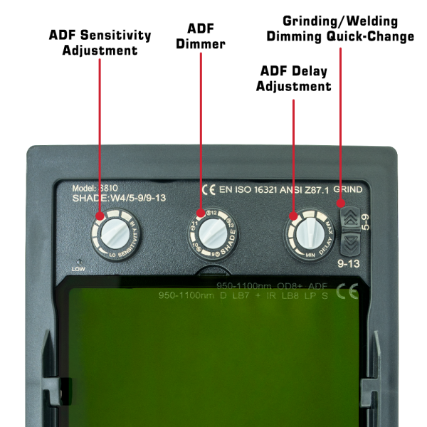 Helmet, Auto-Darkening - IR Laser Safety - (OD 8+/ VLT 4%) 4 444 IR 108H 8 4 Welding Helmet IR Laser Safety ADFCalloutIcons